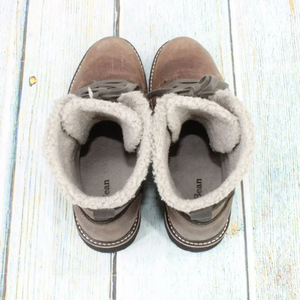 LL Bean Brown Leather Lace Up Rugged Fleece Lined Ankle Winter Boots Size 8.5 - Picture 7 of 9